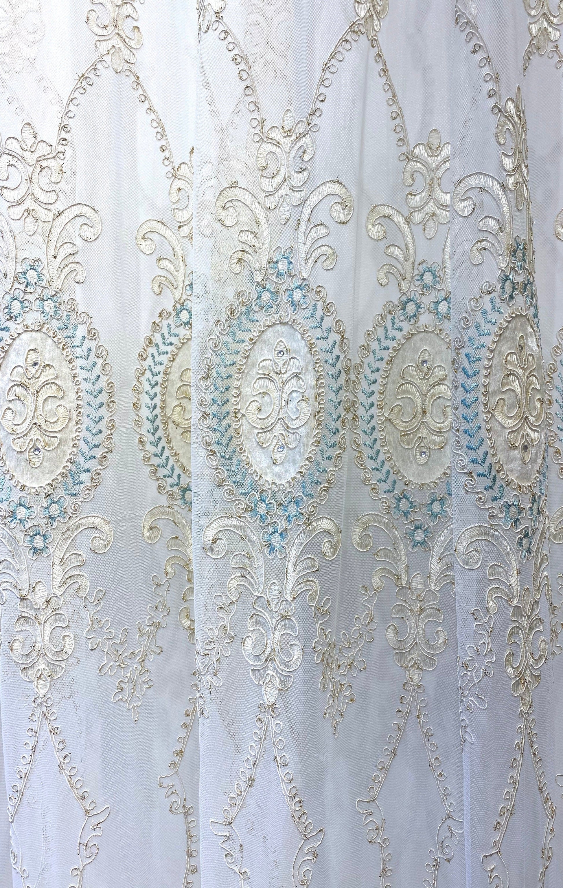 Kék - Ekrü Bársony betétes Barokk mintás Kész Függöny 300x250m cm Huzziyas Home
